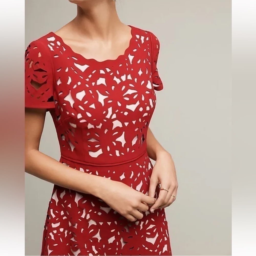 Anthropologie Moulinette Soeurs dress size 2 red Aliz Laser Cut - Picture 2 of 7